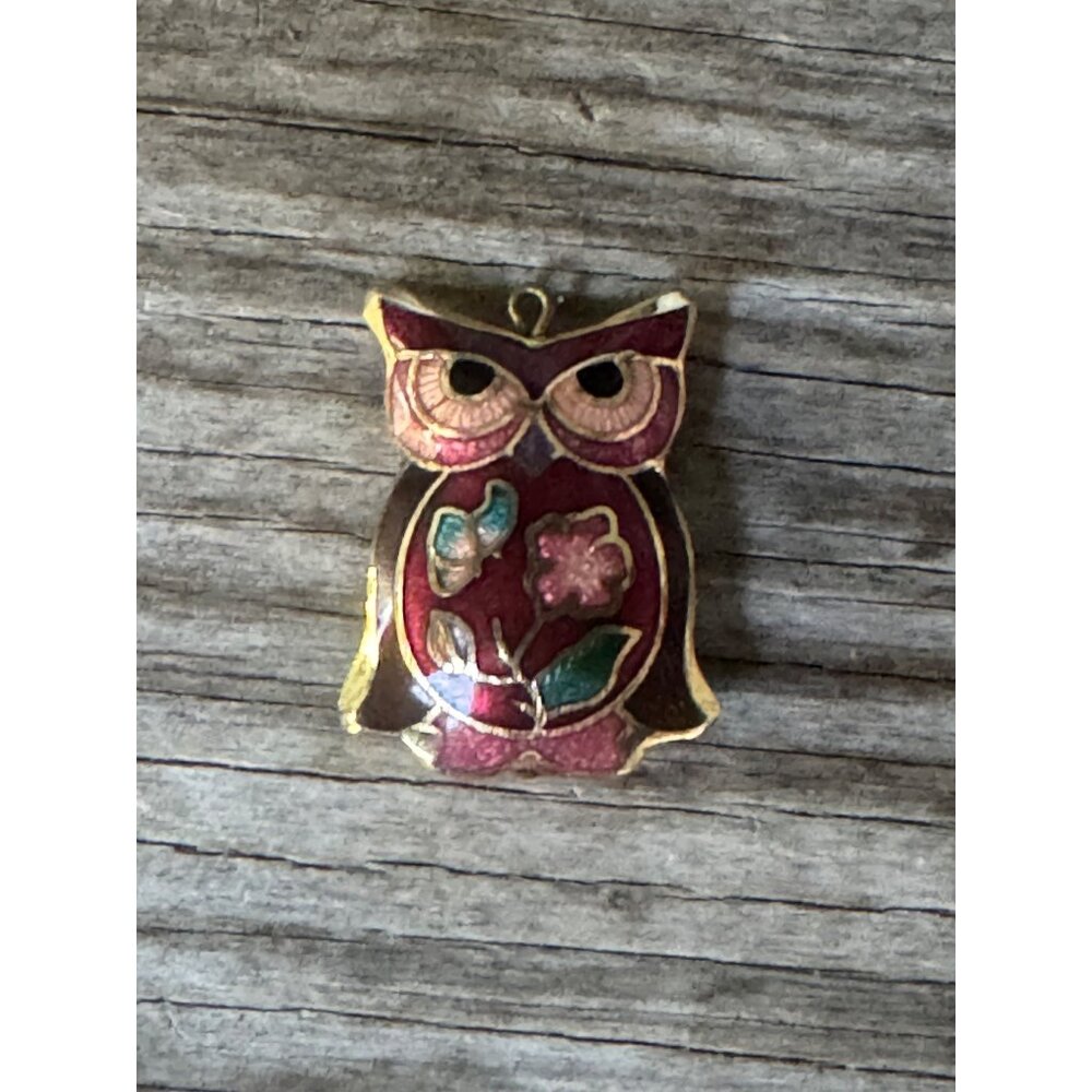Cloisonné Owl Pendant Red Enamel & Gold Floral Design Double Sided Vintage